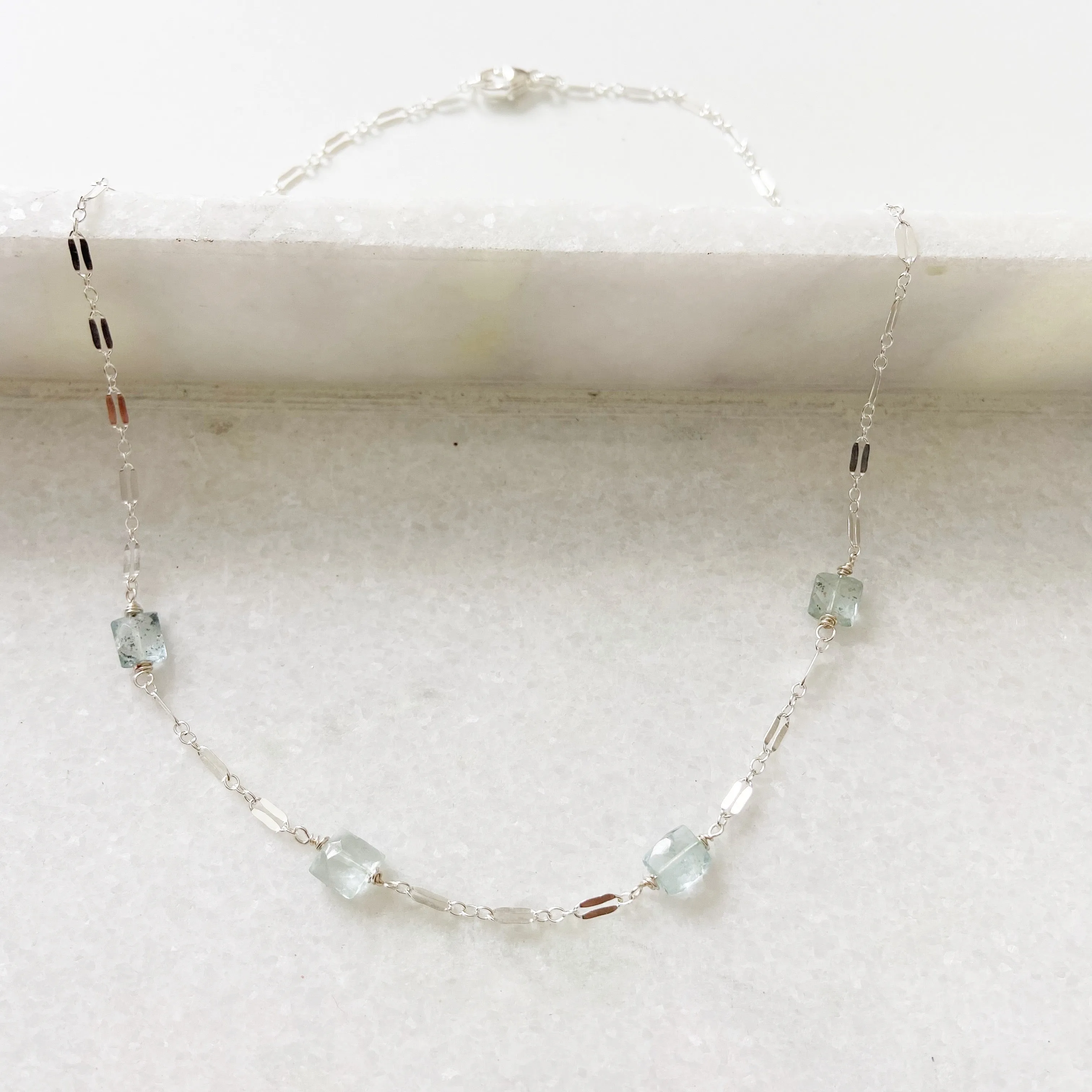 Whisper - Aquamarine Segmented Necklace in Silver or Gold(18 inches)