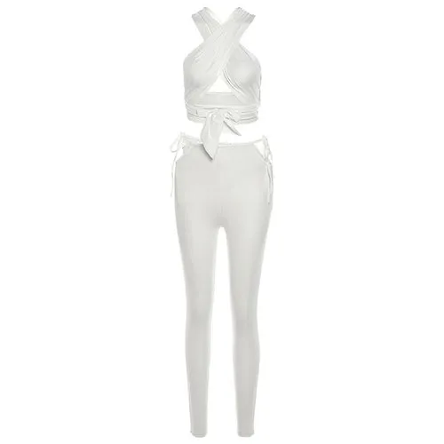 Women Backless Club Crop Top And Pants Two Piece Sets Ruched Sexy Hot