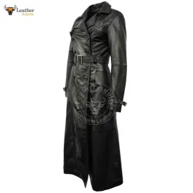 Womens Ladies Real Lambskin Leather Long Black Leather Gothic Trench Coat Dress Gown Suit