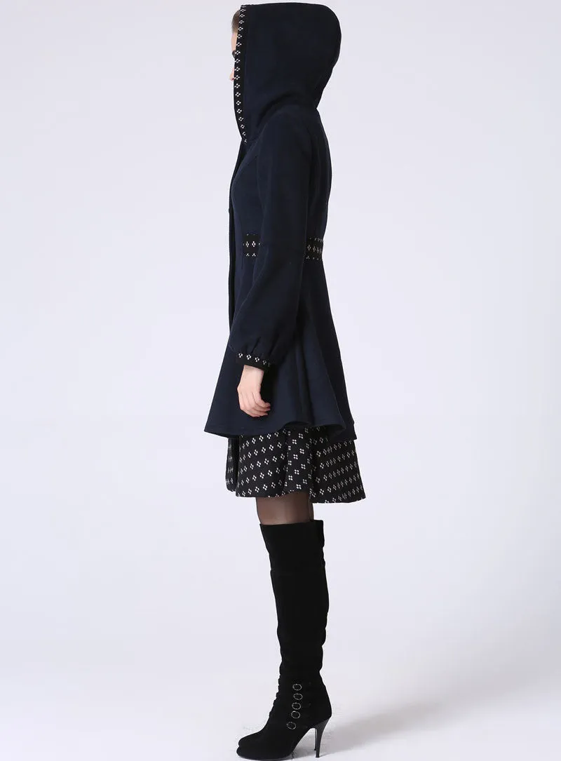 Womens Mid-Length Winter Jacket - Navy Blue Midi Swing & Layered Wool Coat with Contrasting Hemline Detail (1059)