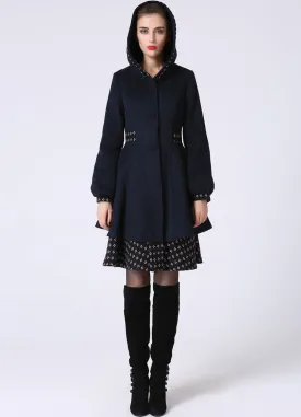 Womens Mid-Length Winter Jacket - Navy Blue Midi Swing & Layered Wool Coat with Contrasting Hemline Detail (1059)