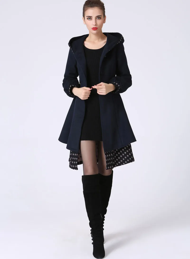 Womens Mid-Length Winter Jacket - Navy Blue Midi Swing & Layered Wool Coat with Contrasting Hemline Detail (1059)