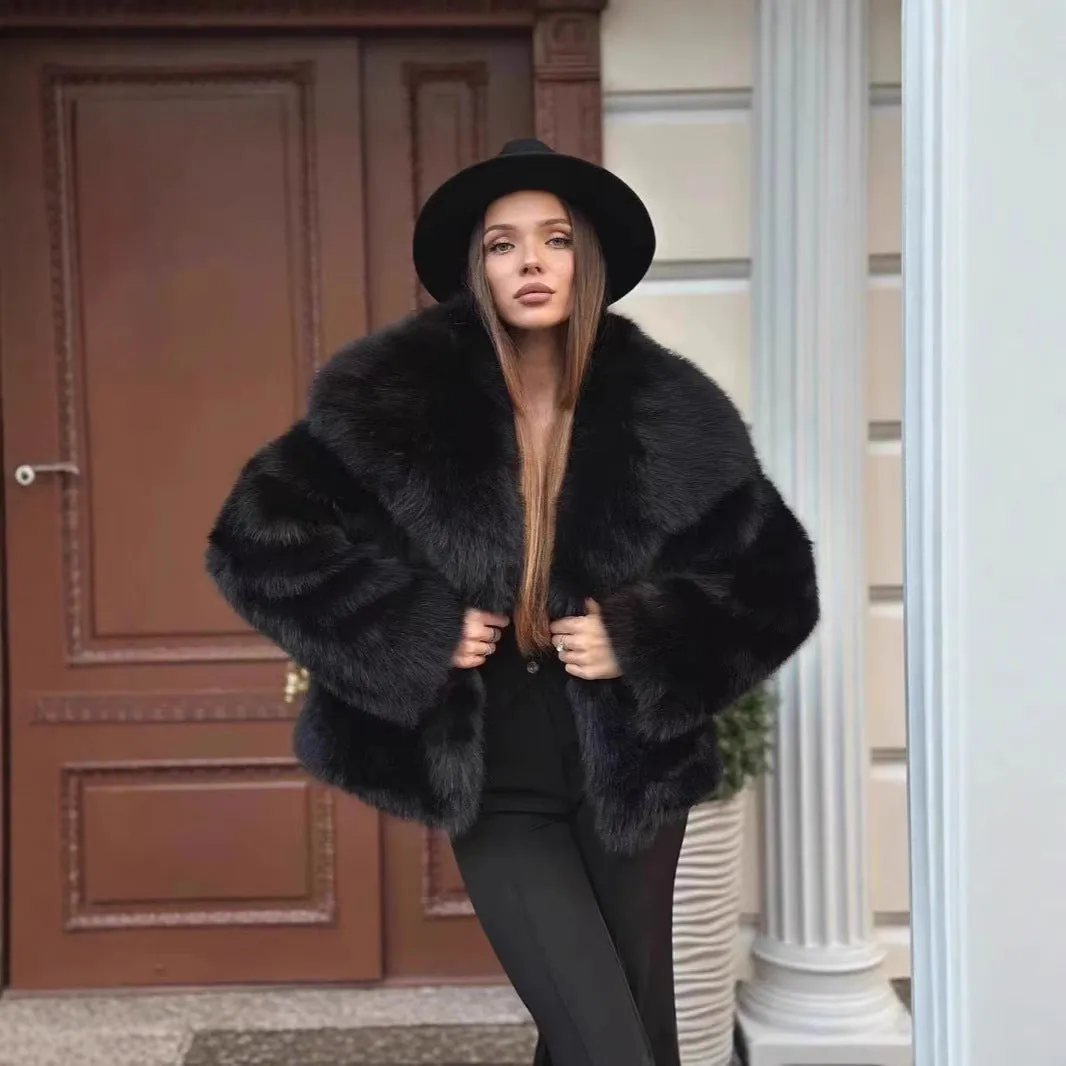 Women's Oversized Faux Fox Fur Coat with Large Lapel