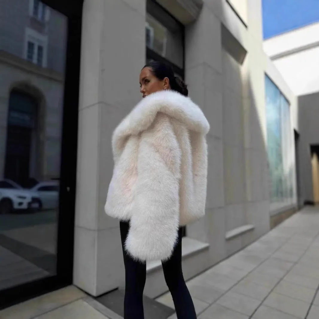 Women's Oversized Faux Fox Fur Coat with Large Lapel