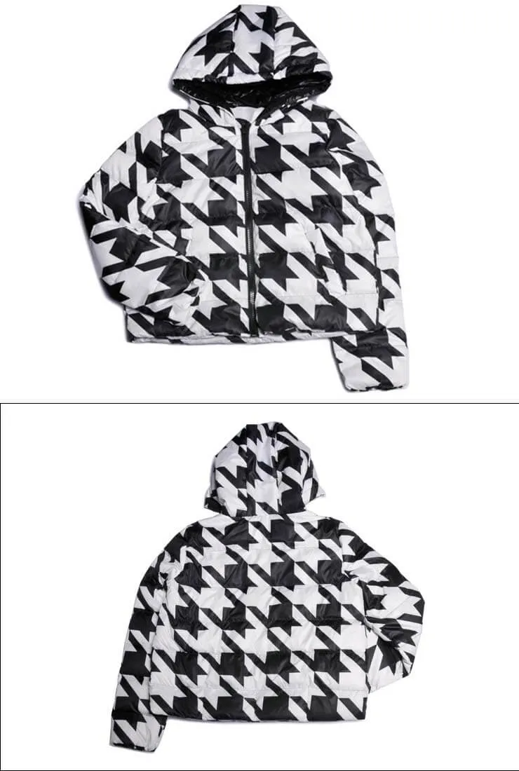 Womens Plaid Print Hooded Down Jacket