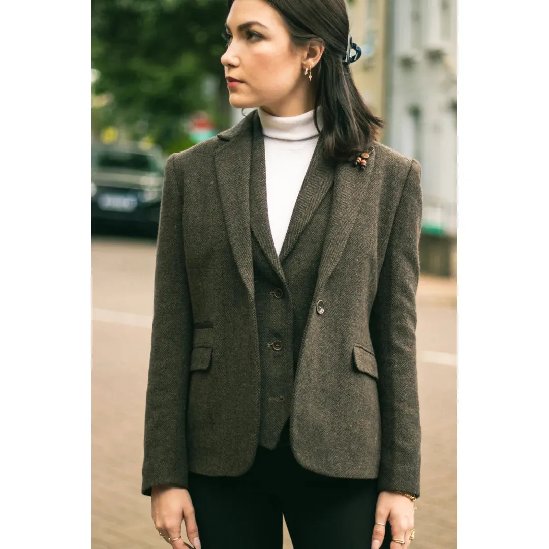 wsn04 - Women's Brown Tweed Blazer Waistcoat & Trouser Classic Suit