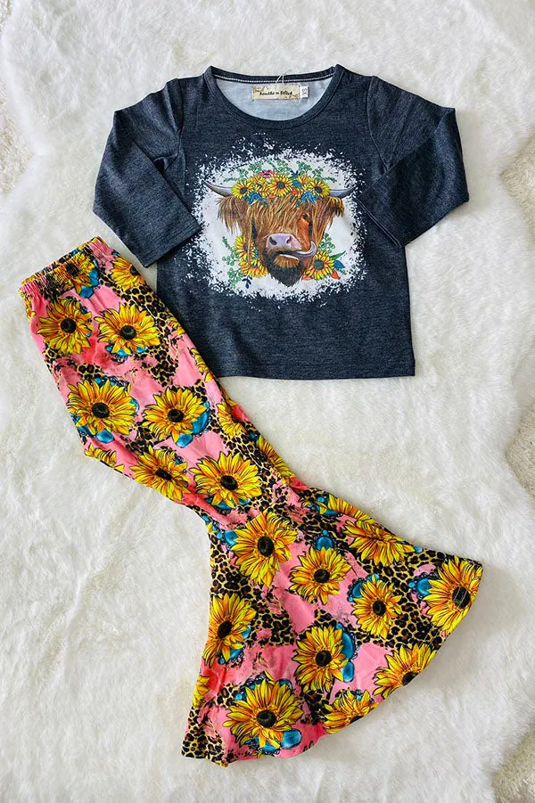 XCH0015-25H Fall bull prints grey top sunflower & leopard girls sets wholesale