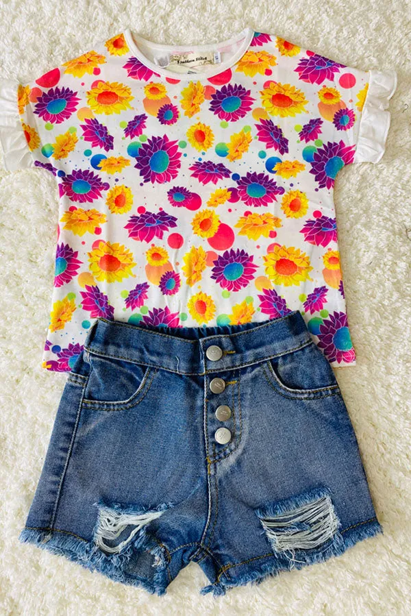 XCH0899-5H Multi color floral short sleeve girls tops