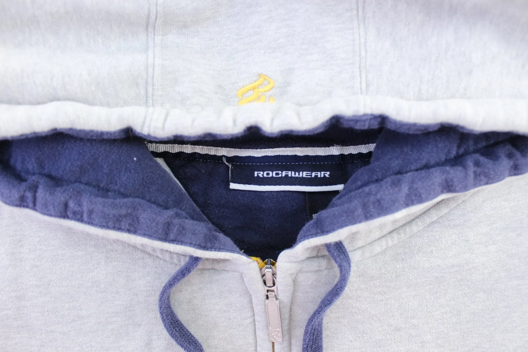 Y2K Rocawear Embroidered Blue, Grey, & Yellow Zip Up Hoodie